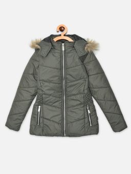 CRIMSOUNE CLUB - Girls Olive Solid Detachable Hooded Jacket
