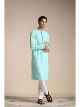 Manyavar - Turquoise Blended Cotton Embroidery Kurta with Pencil Pajama (Set of 2)
