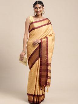 Vastranand - Cream-Coloured & Golden Checked Pure Silk Gadwal Saree with Unstitched Blouse