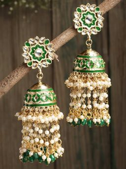 Karatcart - Green Tumble Stone and Pearl Jhumki Earrings for Women
