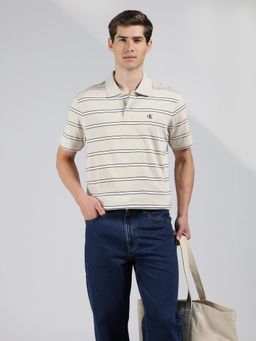 Calvin Klein - Striped Relaxed Fit Cotton Polo T-shirt - Beige