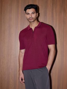 Cove and Lane - Rib Sleeve Cotton Zip Polo T-shirt - Wine