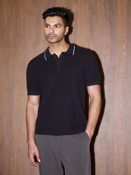Cove and Lane - 3D Knit Cotton Polo T-shirt Regular Fit - Black
