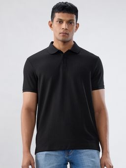 Spykar - Black Self Design Regular Fit Polo T-shirt