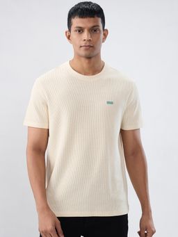 Spykar - White Self Design Regular Fit T-shirt -Cream