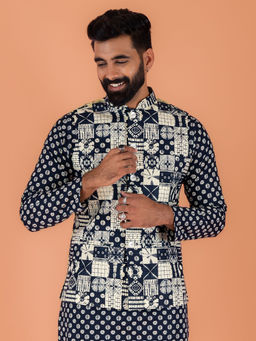 KISAH - Men Navy Blue Printed Nehru Jacket