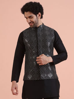 KISAH - Men Black Embroidered Nehru Jacket