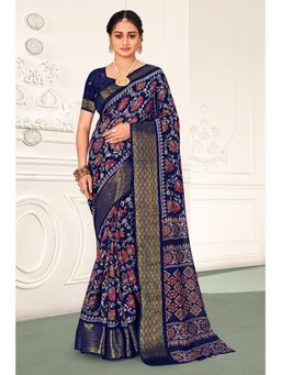 Sangam Prints - Navy Blue Cotton Printed Traditional Saree with Unstitched Blouse