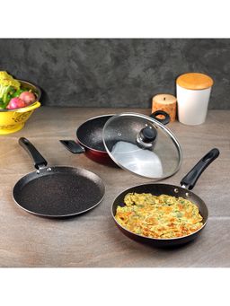 VINOD - Supreme NS 3Pcs Cookware Set D.Tawa 25cm Kadai 2.5L Frypan 24cm Induction Red