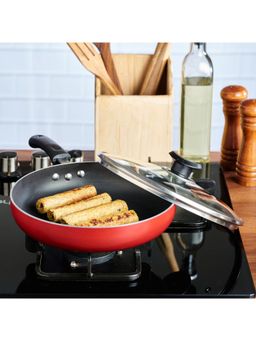 VINOD - Zest NonStick Deep Fry Pan with Glass Lid 26 cm Induction Friendly Red