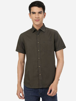 Greenfibre - Mens Olive Green 100% Cotton Slim Fit Solid Casual Shirt Half Sleeve