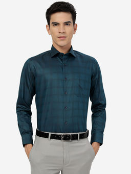 Greenfibre - Mens Green Cotton Blend Slim Fit Checked Formal Full Sleeve Shirt