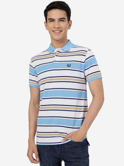Greenfibre - Mens White & Blue Striped Slim Fit Polo T-Shirt