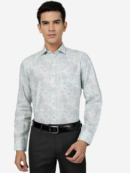 JadeBlue - Mens Green 100% Linen Regular Fit Printed Formal Shirt