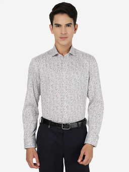 JadeBlue - Mens White & Brown Printed 100% Cotton Regular Fit Formal Shirt