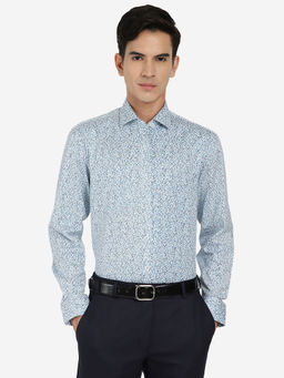 JadeBlue - Mens White & Blue 100% Cotton Regular Fit Printed Formal Shirt