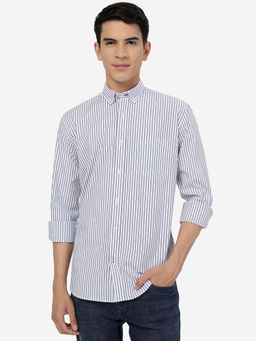 JadeBlue - Mens White & Blue Striped Slim Fit 100% Cotton Semi Casual Shirt