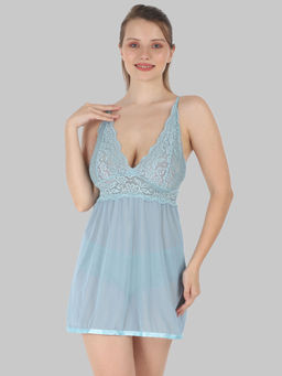 Herryqeal - Green Womens Net Solid Above Knee Babydoll Lingerie With G-String Panty (Set of 2)