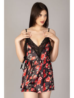 Herryqeal - Black Sexy Satin Slide Slip Floral Red Nightdress (Set of 2)