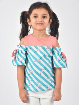 Tales & Stories - Baby Girl's Stripes Blue Cotton Off-shoulder Round Neck Top