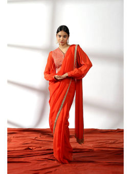 Leela by A - Orange Dori Work Embroidered Pre Drape Saree and Unstitched Blouse
