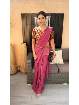 Leela by A - Plum Pre-Draped Saree with Blouse and Waist Bag