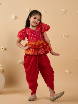 PSPeaches - Printed Red Chanderi Top and Dhoti (Set of 2)