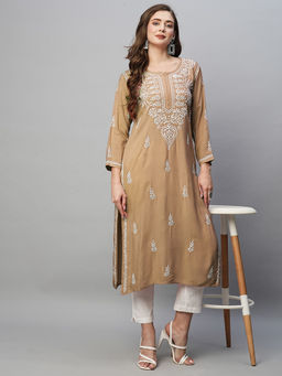 ADA - Hand Embroidered Ethnic Motifs Lucknowi Chikankari Brown Rayon Kurta