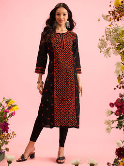 ADA - Ethnic Motifs Hand Embroidered Black & Rust Cotton Chikankari Kurta