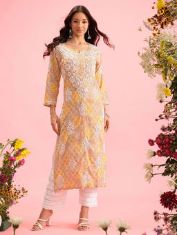 ADA - Hand Embroidered Lucknow Chikankari Floral Printed Yellow Mul Kurta