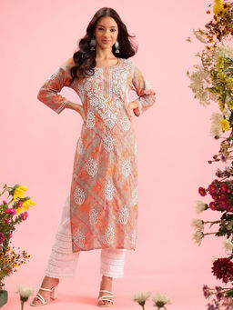 ADA - Hand Embroidered Lucknow Chikankari Floral Printed Orange Mul Kurta