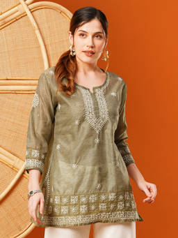 ADA - Hand Embroidered Olive Green Chanderi Lucknowi Chikankari Short Kurti