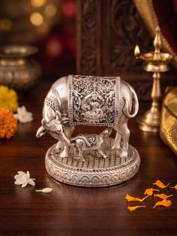 Saraf RS Jewellery - Silver-Plated Kamdhenu Cow with Calf Idol Showpiece for Home Temple
