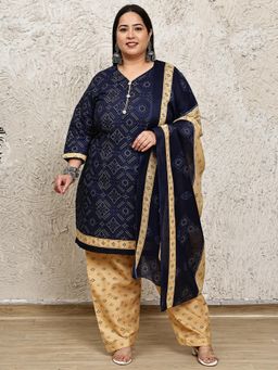 Rajnandini - Women Navy Blue Cotton Blend Bandhani Printed Kurta with Salwar and Dupatta