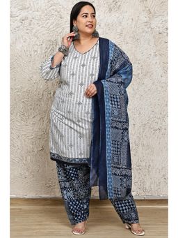Rajnandini - Women White-Blue Cotton Blend Printed Kurta with Floral Salwar and Dupatta