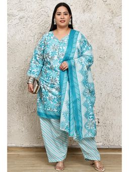 Rajnandini - Women Turquoise Cotton Blend Floral Printed Kurta with Salwar and Dupatta