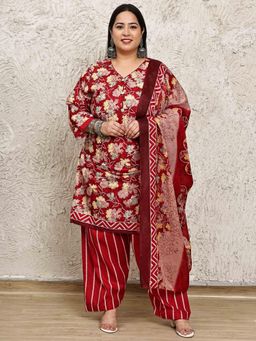 Rajnandini - Women Red Cotton Blend Floral Printed Kurta with Salwar and Dupatta