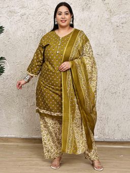 Rajnandini - Women Olive Cotton Blend Floral Printed Kurta with Salwar and Dupatta