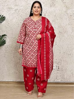 Rajnandini - Women Red Cotton Blend Printed Kurta with Salwar and Dupatta