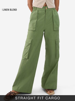 The Souled Store - Cotton Linen Elm Green Women Cargo Pant