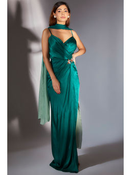 Masumi Mewawalla - Teal Green Solid Draped Dress with Ombre Scarf (Set of 2)