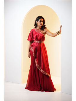 Rashika Sharma - Seher Drape Cape Inner and Flared Sharara with Belt (Set of 4)