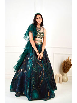 Rashika Sharma - Meesha Green Marble Print Blouse, Lehenga with Dupatta and Belt (Set of 4)