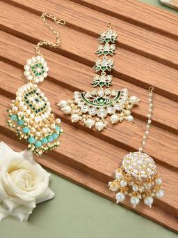 Zaveri Pearls - Set of 3 Turquoise Blue & Green Bridal Kundan Maangtikka-ZPFK14541