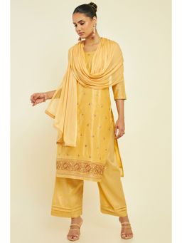 Soch - Women Gold Chanderi Dress Material (Set of 3)