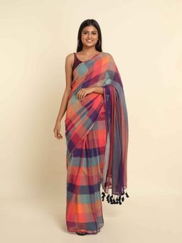 Suta - Multi-Color Checks Cotton Blend Saree