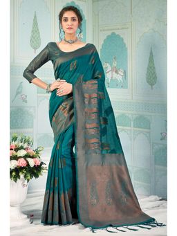 Sangam Prints - Rama Green Cotton Woven Zari Work Traditional Tassel Saree with Unstitched Blouse