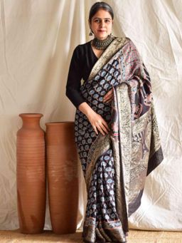 Sundarii - Bhavya Ajrakh Dola Silk Zari Pallu Saree without Blouse