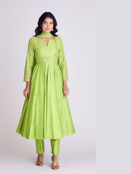 Basanti Kapde aur Koffee - Lime Green Embroidered Anarkali With Pant and Dupatta