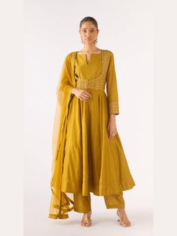 Basanti Kapde aur Koffee - Mustard Cotton Silk Embroidered Anarkali And Palazzo With Dupatta